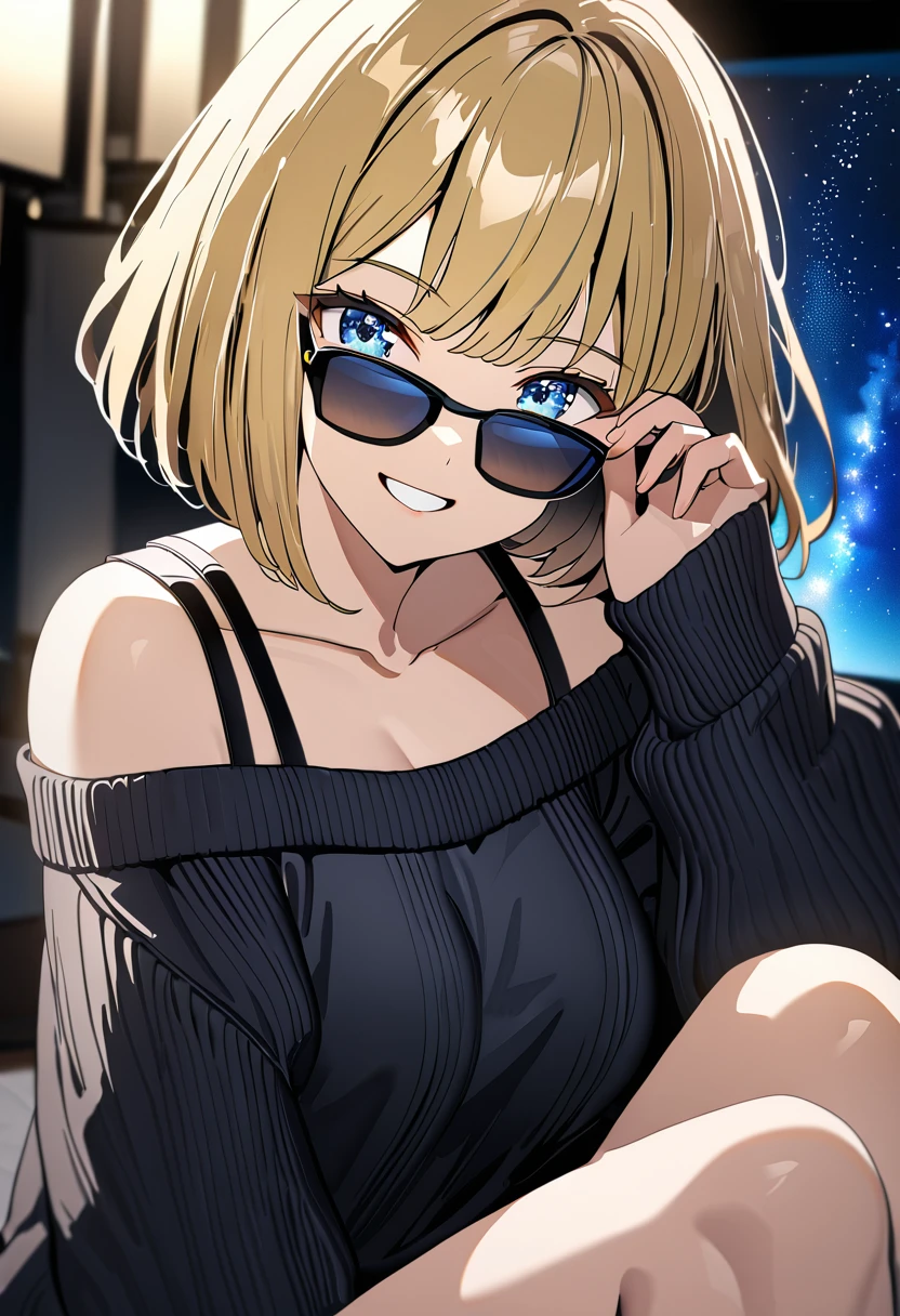 ((grin)), ((off-shoulder sweater:1.3, Quite thick shoulder straps)), ((black sweater)), ((blond hair, bob cut:1.3)), ((sunglasses, hand to sunglasses)), (((from side))), ((((upper body)))), ((Leaning to side)), (((a beautiful starry sky, the Milky Way shining beautifully in the night))), ((sitting on the very high cliff)), wavy hair, inward curled hair, ((sea)), breasts, teenager, (looking at viewer), oversized clothes, puffy long sleeves, collarbone, head tilt:1.3, (((blue eyes))), happy smile, (((anime style))), (best quality, 4K, 8K, highres, masterpiece:1.2, ultra-detailed, ultra-detailed eyes, HDR, uhd, studio lighting, ultra-fine painting, sharp focus, physically-based rendering, extreme detail description, professional, vivid colors, bokeh)