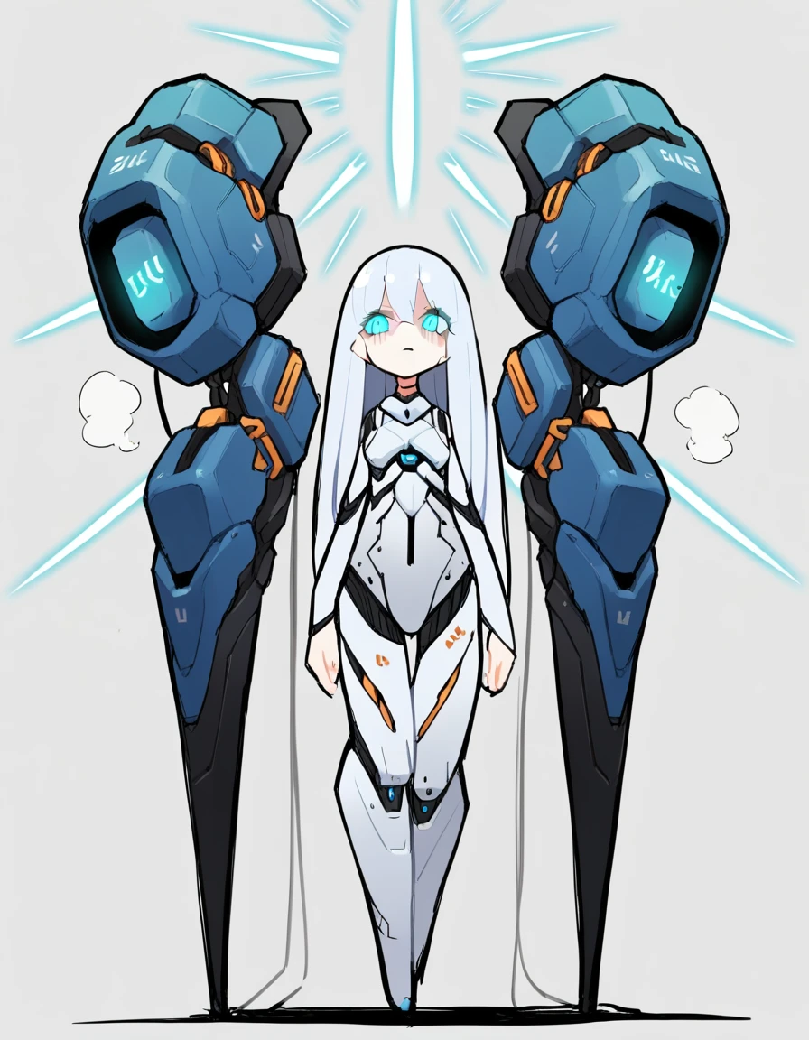 score_9, score_8_up, score_7_up, score_6_up, score_5_up, score_4_up, source_anime, BREAK solo, android female,pale_skin, long_hair, white_hair,blue_eyes, standing, curvy,glowing_eye, incubation vat, steam, cables in the _background