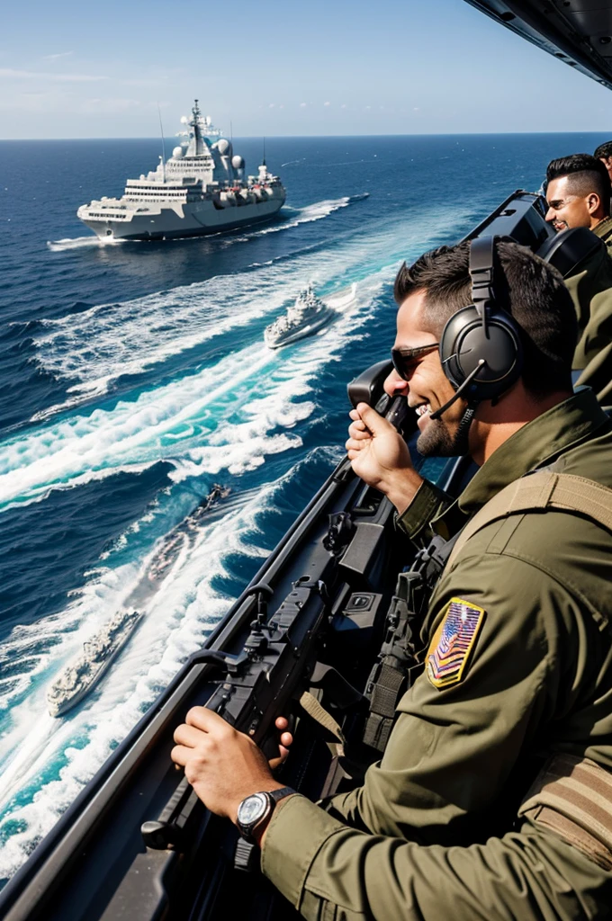 In the foreground, a man wearing military-style gear and headphones, grins widely. They operate a large machine gun mounted on a helicopter. The machine gun is firing, and the ammunition belt is visible, feeding into the gun.
In front of him is a large white colored ship on the sea. The ship is being hit by gunfire, with visible explosions and damage to its side.