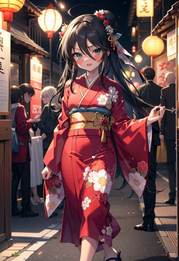 Shana,灼眼のShana,Long Hair, Redhead, Red eyes,Ahoge,smile,blush,Open your mouth,Hair Bun, single Hair Bun,blush,Red Kimono,Thick sleeves,Red long skirt,Sandals,日本のfestival,夏festivalの屋台,Red lantern,whole bodyがイラストに入るように,Walking, break looking at viewer, whole body, break outdoors, shrine,festival, break (masterpiece:1.2), Highest quality, High resolution, unity 8k wallpaper, (shape:0.8), (Beautiful and beautiful eyes:1.6), Highly detailed face, Perfect lighting, Highly detailed CG, (Perfect hands, Perfect Anatomy),