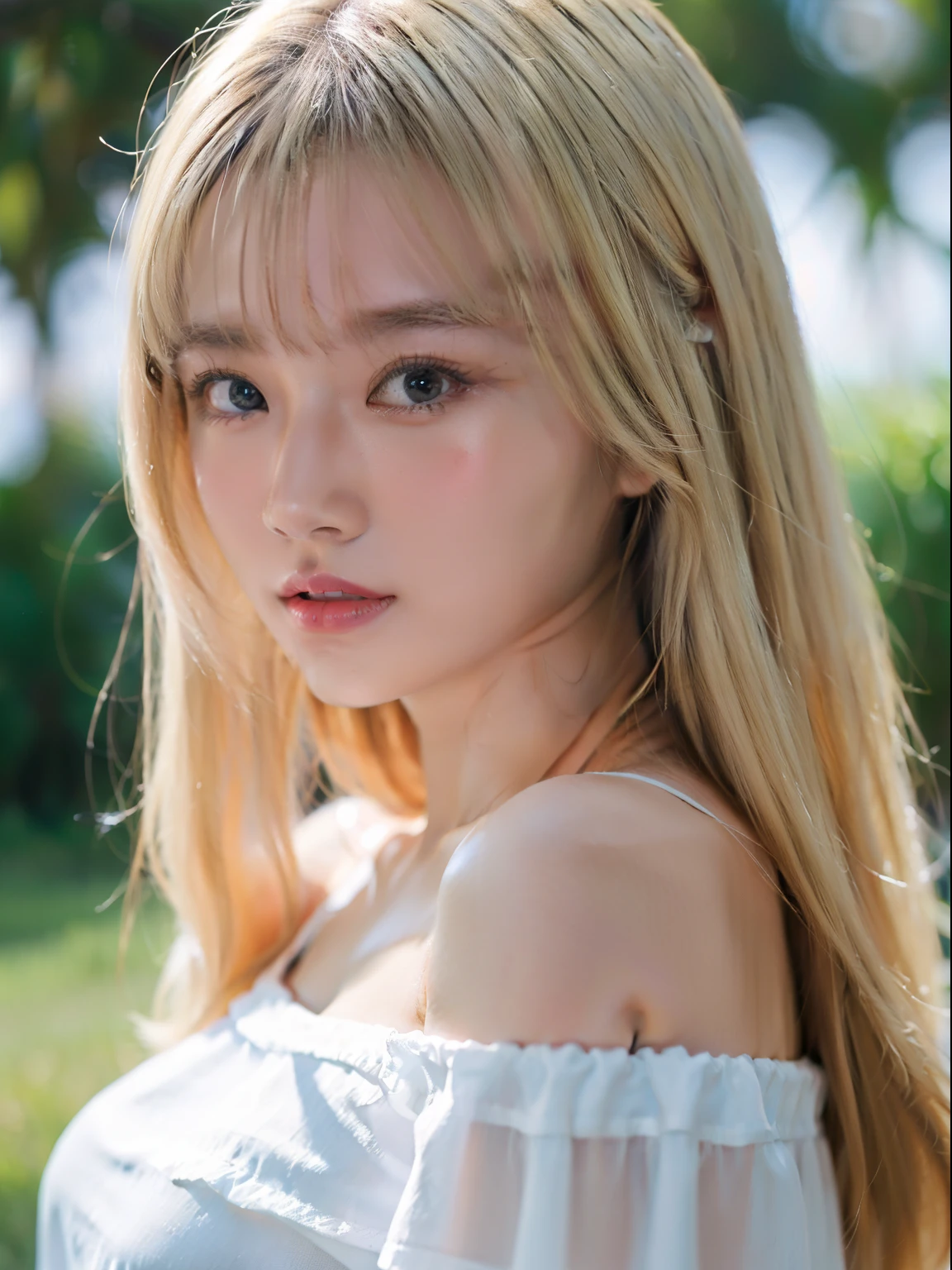 1 girl, , alone, very long hair, giant , looking at viewer, dazzling blonde hair, Very beautiful light blue big eyes、White and beautiful skin、shiny skin、gloss face、teak gloss、pretty face、small face beauty、long bangs hanging between the eyes、bare shoulders, jewel-like, whole body, (Highly detailed 8K wallpapers), soft lighting, high quality, film grain, Fujifilm XT3 Sharp Focus, f 5.6, high detail, sharp focus,(natural light), (big plans:1.2), (fascinating), off shoulder t-shirt, realistic, sexy