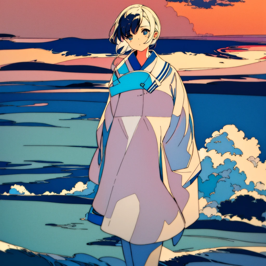 Close-up of a girl in a white sailor suit, fleeting, Japanese summer, pale, nostalgic, blue sky and cumulonimbus clouds, turning around