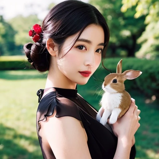 Japanese women、Black hair chignon、Delicate face、Beauty、Black dress、See-through、Glamorous makeup、Red glossy lip、Holding a rabbit、Sunny outdoors