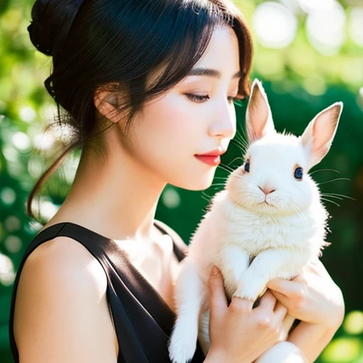 Japanese women、Black hair chignon、Delicate face、Beauty、Black dress、See-through、Glamorous makeup、Red glossy lip、Holding a rabbit、Sunny outdoors