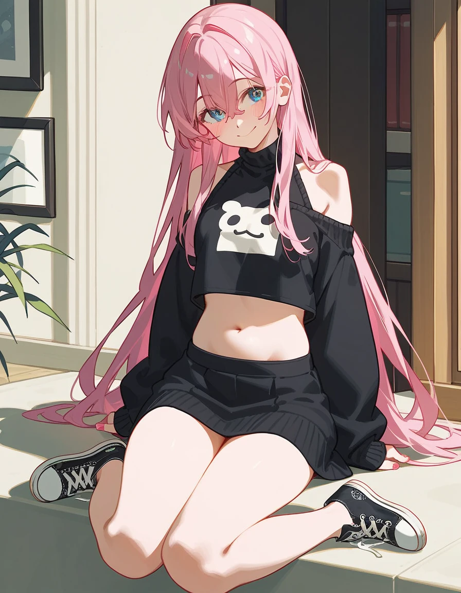 One girl, Shikimori-san, Pink Hair, Long Hair, blue eyes, Hair between the eyes, bangs, blush, compensate, smile, chest, Black sweater, Bare shoulders, No sleeve, skirt, View your viewers, Show your belly,belly button,masterpiece, Highest quality,Converse with a guy,