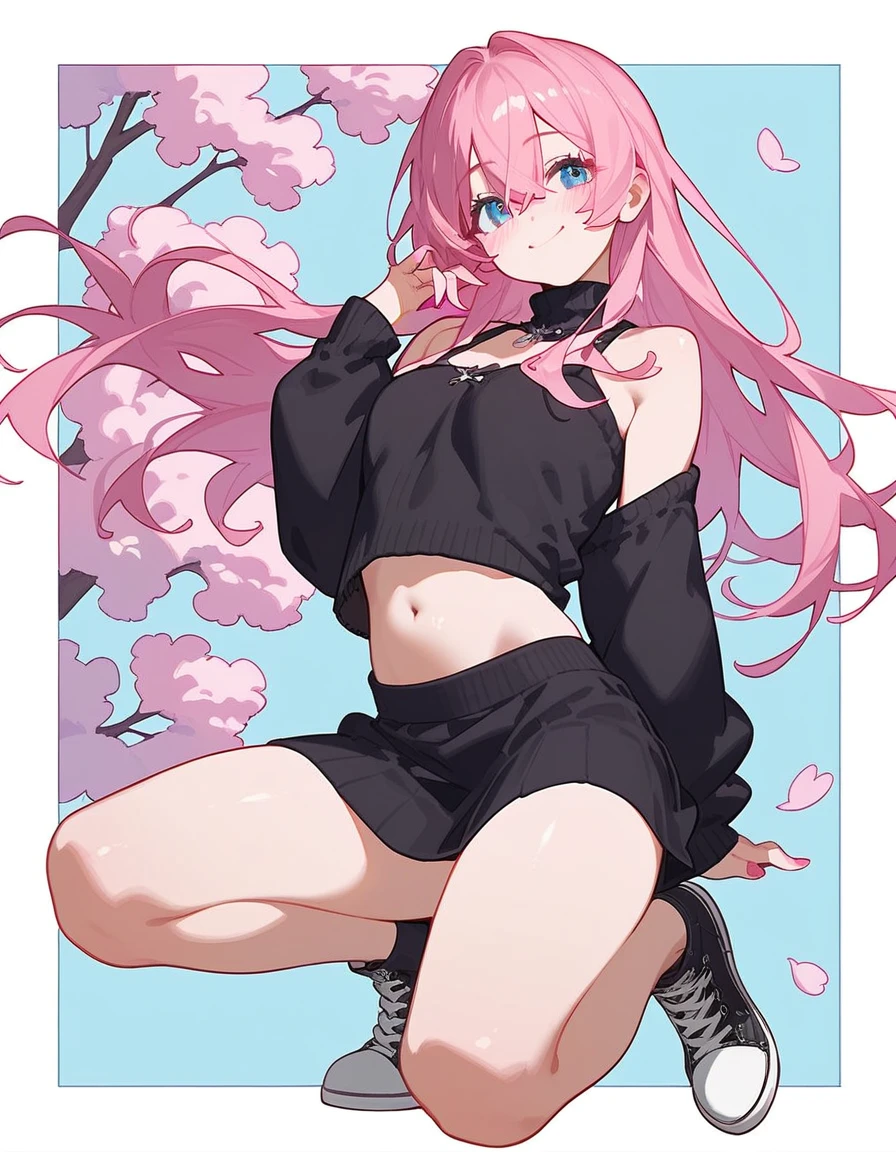 One girl, Shikimori-san, Pink Hair, Long Hair, blue eyes, Hair between the eyes, bangs, blush, compensate, smile, chest, Black sweater, Bare shoulders, No sleeve, skirt, View your viewers, Show your belly,belly button,masterpiece, Highest quality,Converse with a guy,