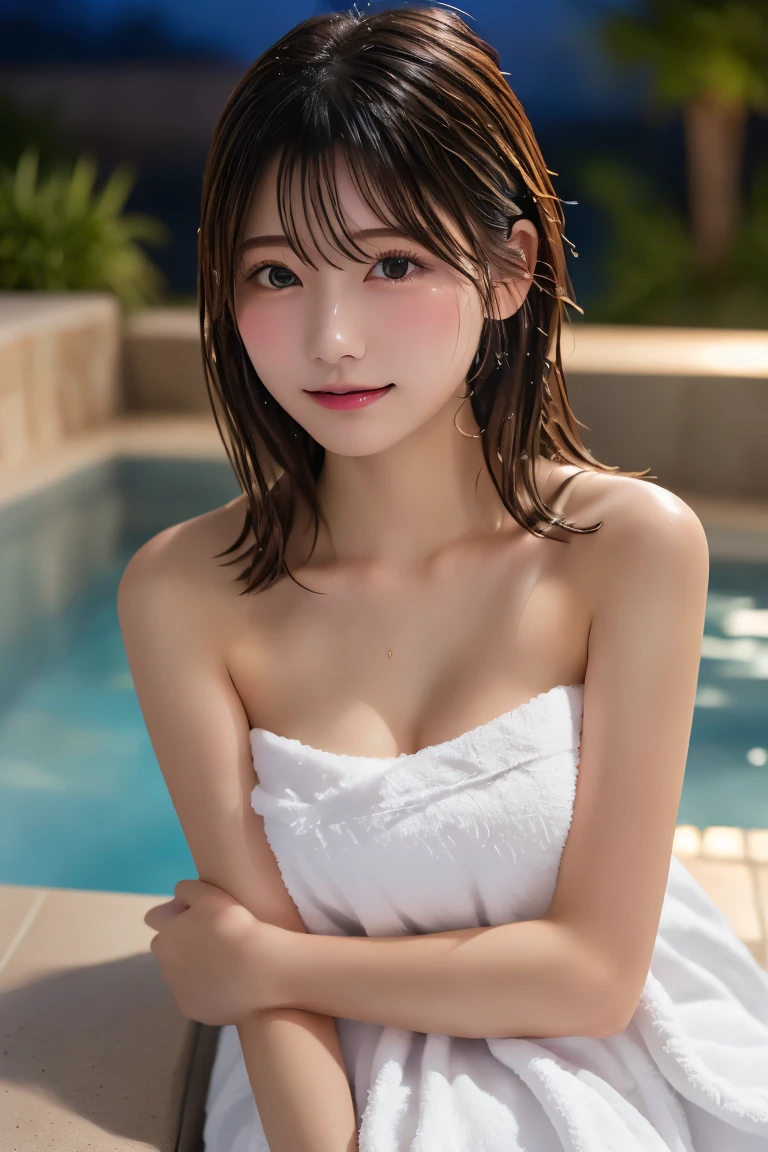 Highest quality, (beautiful)、Soak in the open-air bath、Cover yourself with a bath towel、Close-up、Soft 、night、Embarrassed、Bare shoulders、Outdoor、steam、Cross your arms、Wet body、Plenty of hot water