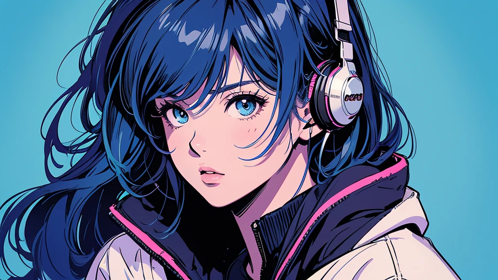 2D illustration, アニメ, Manga style, whole body,ASİAN, Bishamon from noragami, 1 Girl, Big Hair, Shortcuts, {{full name eyes}}, create, High resolution, masterpiece, Highest quality, High detail, High detailed eyes, Grain Filter, Detailed Lips, High resolution, Super detailed, Portraiture, Realistic ratio, Anatomically correct, Beautiful young woman, whole bodyポートレート, Illustrator, アニメ , Realistic ,sketch , 1 Girl, ,Lip, hoodie,Order, Blue gradient background, Neon Hair,Textured Trim, (masterpiece,Highest quality), lofi, Battle DJ girl in HIPHOP fashion wearing DJ headphones