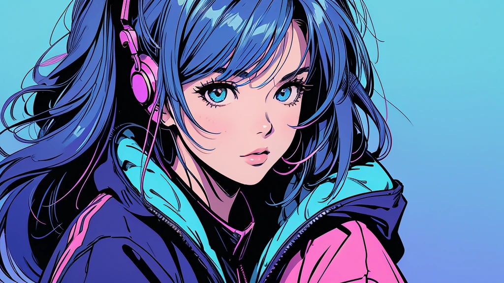 2D illustration, アニメ, Manga style, whole body,ASİAN, Bishamon from noragami, 1 Girl, Big Hair, Shortcuts, {{full name eyes}}, create, High resolution, masterpiece, Highest quality, High detail, High detailed eyes, Grain Filter, Detailed Lips, High resolution, Super detailed, Portraiture, Realistic ratio, Anatomically correct, Beautiful young woman, whole bodyポートレート, Illustrator, アニメ , Realistic ,sketch , 1 Girl, ,Lip, hoodie,Order, Blue gradient background, Neon Hair,Textured Trim, (masterpiece,Highest quality), lofi, Battle DJ girl in HIPHOP fashion wearing DJ headphones

