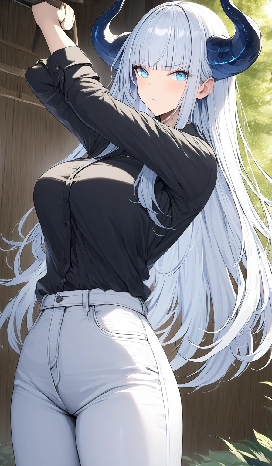 Masterpiece, very detailed, ultra detailed, one, (1 woman), she is in a black office shirt and white jeans, in a stable and fighting position, long hair, straight hair and straight bangs, bright white hair, with white demonic horns, athletic body, six packs of press, large breasts, beautiful, charming, light blue eyes, elegant, neutral face, charming, charming, against the background of nature and forest.