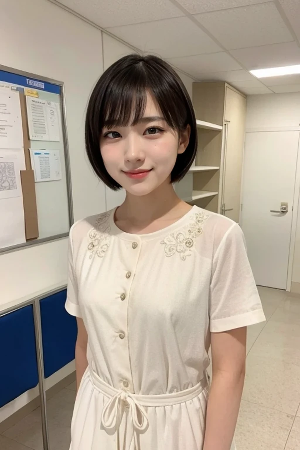 8k, RAW photo, best quality, masterpiece, realistic, photo-realistic, clear, professional lighting, beautiful face, best quality, ultra high res
BREAK 
(full body 1.5),
(upper body 1.5),
BREAK 
realistic Japanese cute, girl,18 years old,
short cut hair, smile,
BREAK 
,
BREAK 
standing
BREAK 
class room