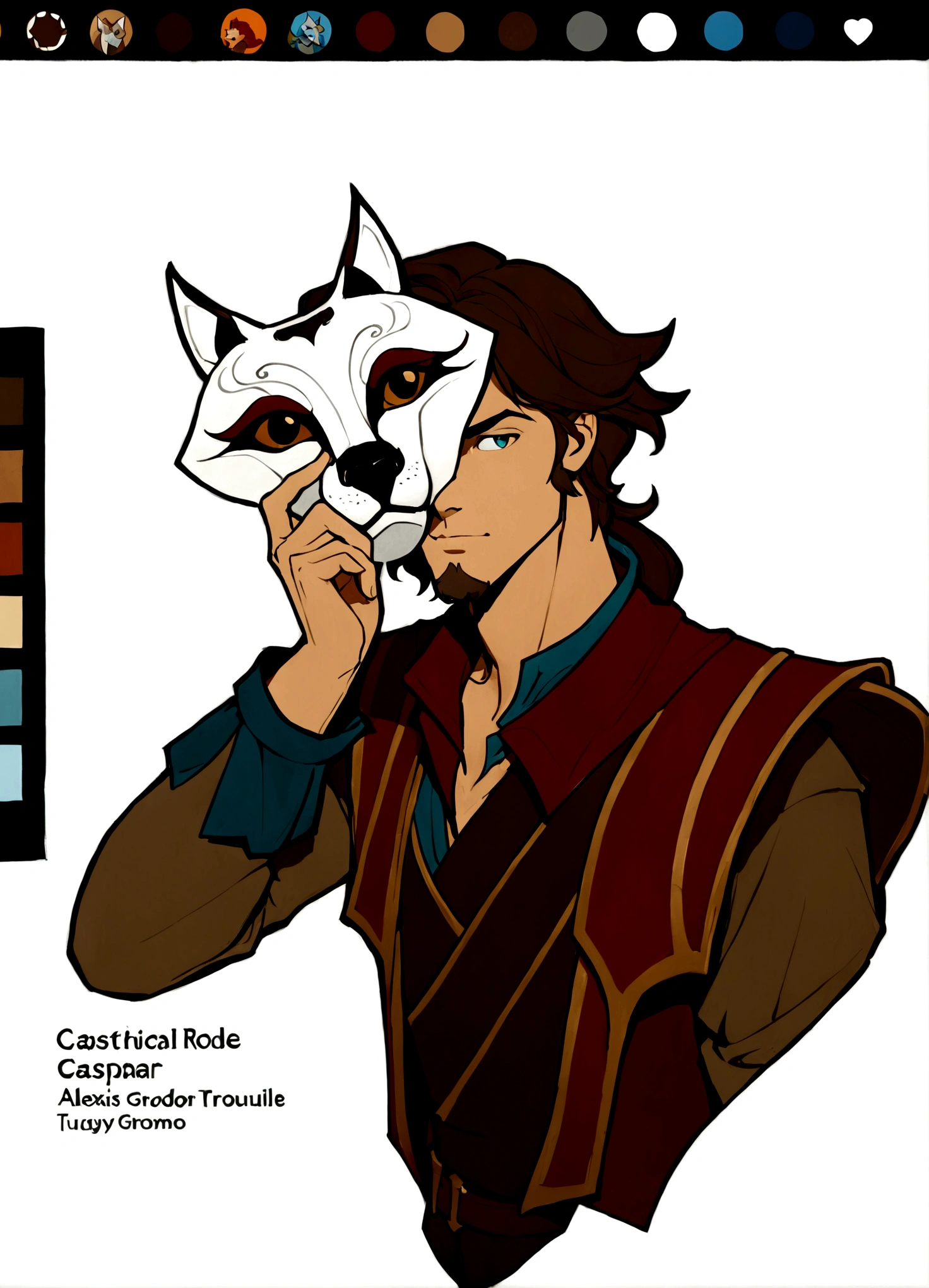a close up of a person holding a cat in front of a drawing, inspired by Gaston Anglade, guy with horse head, disney stylized furry, inspired by Caspar Wolf, with kitsune mask, flat cel shading mucha, an anthropomorphic wolf, inspired by Clovis Trouille, inspired by Alexis Grimou, caleb from critical role