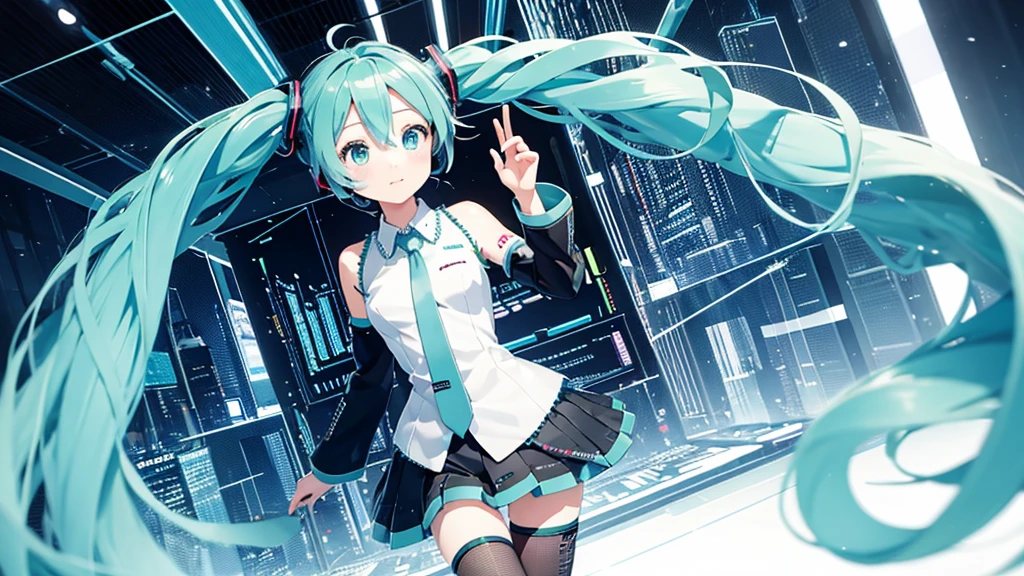 Hatsune Miku avatar hides her sadness in the virtual reality world、The image is drawn through a transparent screen with a pixelated background.。