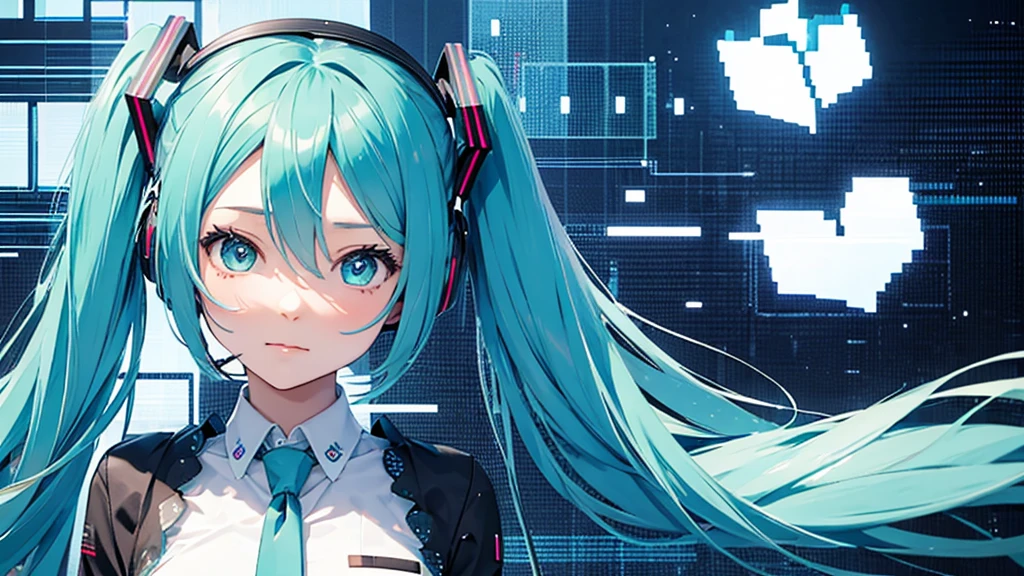 Hatsune Miku avatar hides her sadness in the virtual reality world、The image is drawn through a transparent screen with a pixelated background.。