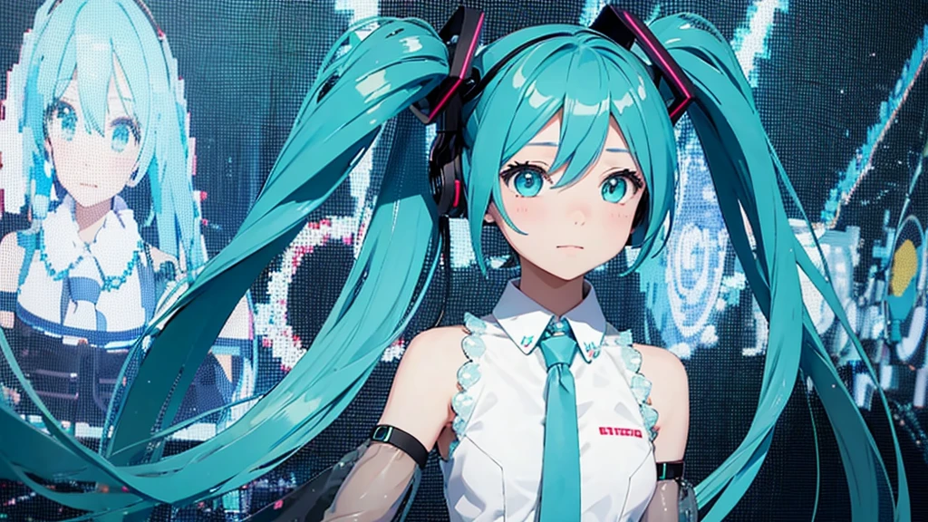 Hatsune Miku avatar hides her sadness in the virtual reality world、The image is drawn through a transparent screen with a pixelated background.。