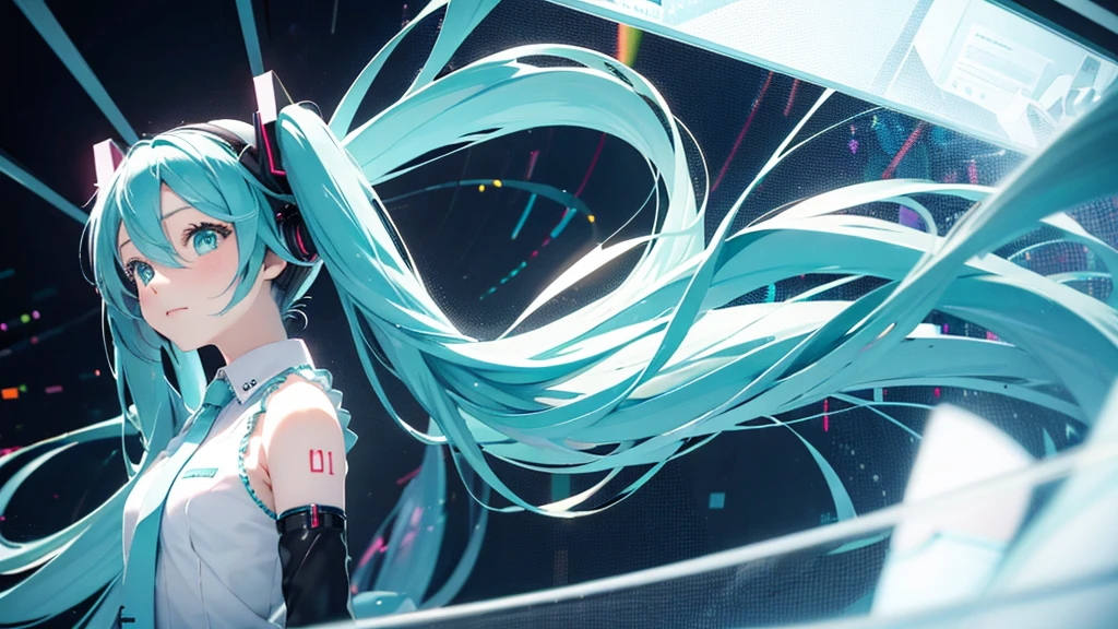 Hatsune Miku avatar hides her sadness in the virtual reality world、The image is drawn through a transparent screen with a pixelated background.。