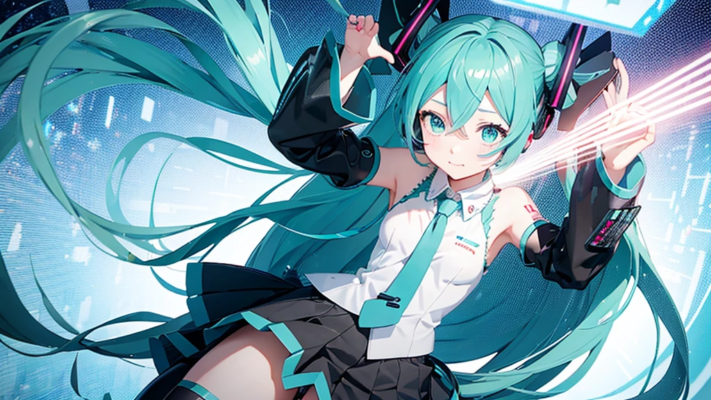Hatsune Miku avatar hides her sadness in the virtual reality world、The image is drawn through a transparent screen with a pixelated background.。
