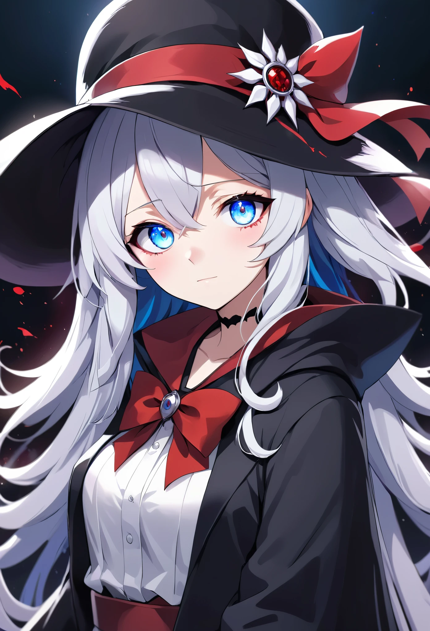 Anime girl with blue eyes and a black hat with red and white design, gapmoe Yandere grimdark, Anime Moe Art Style, 2D Anime Style, gapmoe Yandere, Shalltear Bloodfallen, Hero 2D Fan Art Art Station, Tear from Overlord, Dark Sky、 Holy Cyborg Necromancer Girl, Yandere