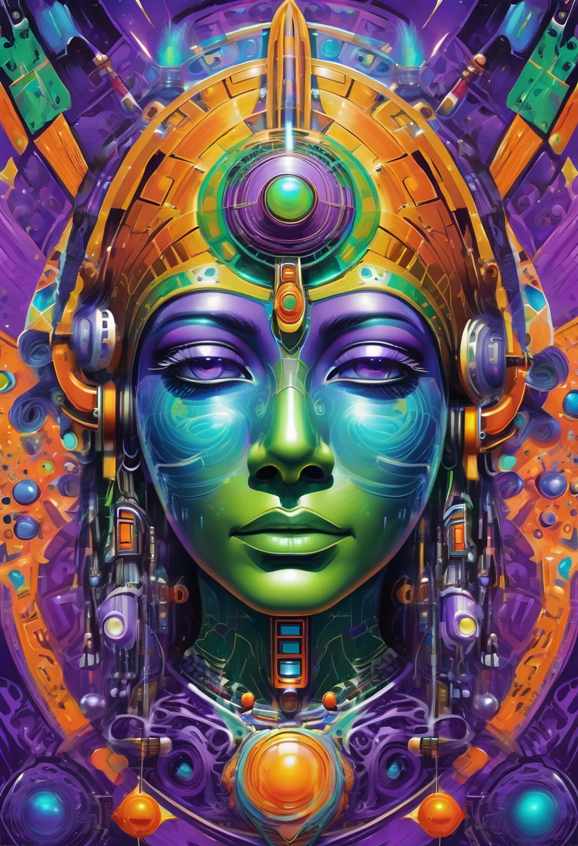 mystic indian robotic face seen from the front, futuristic and geometric technology backdrop, spirit, dmr, md, mdma, intergalactic thc, other planets and mirrored effects, colors, purple, green, blue and orange