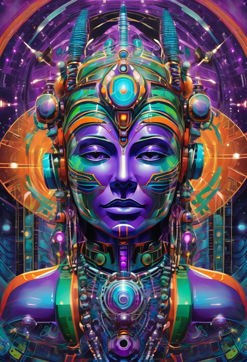 mystic indian robotic face seen from the front, futuristic and geometric technology backdrop, spirit, dmr, md, mdma, intergalactic thc, other planets and mirrored effects, colors, purple, green, blue and orange