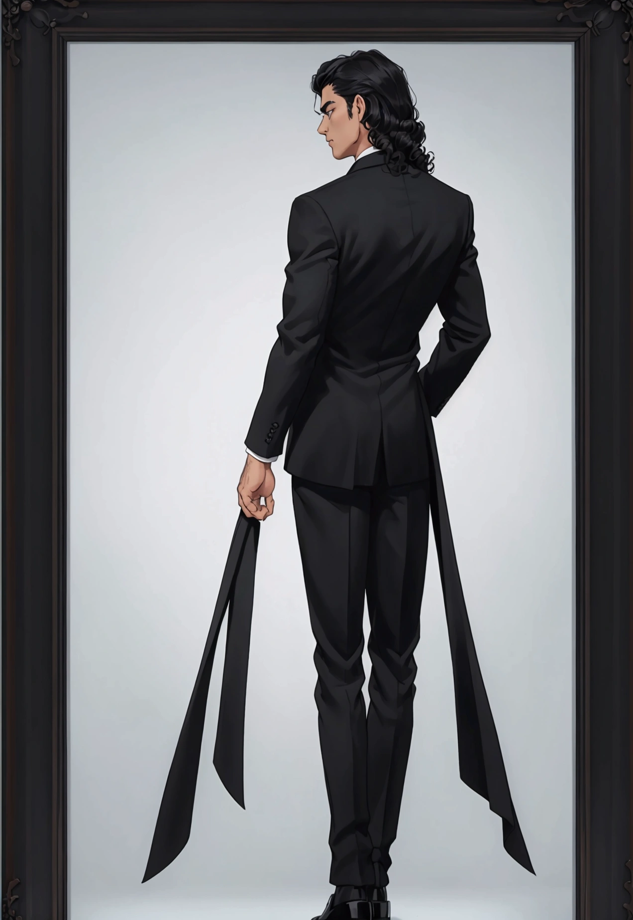 plain background, ((full-length character standing with his back to the frame)),solo, full body, 1man in black formal suit, shoulder-length curly hair