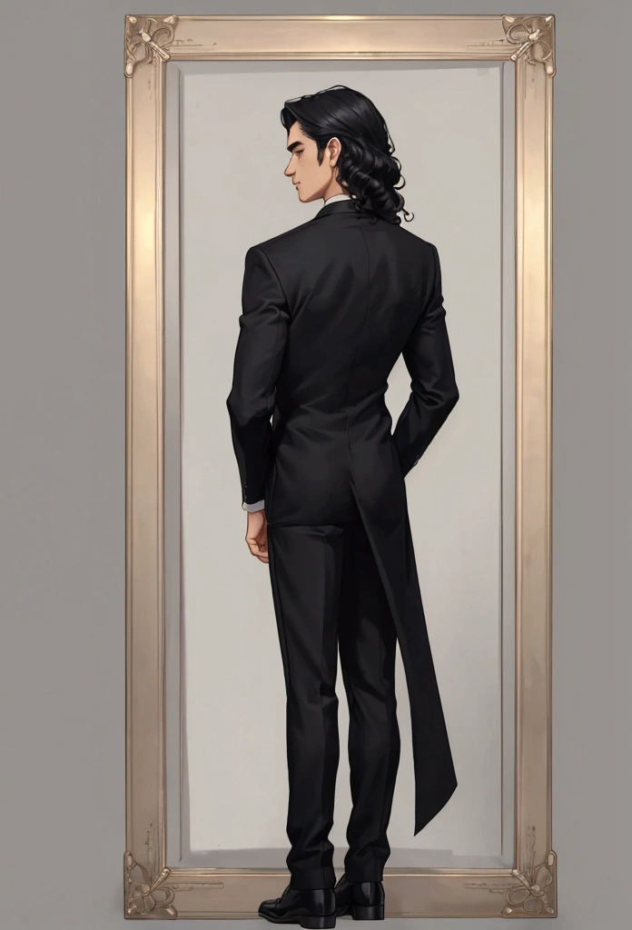 plain background, ((full-length character standing with his back to the frame)),solo, full body, 1man in black formal suit, shoulder-length curly hair