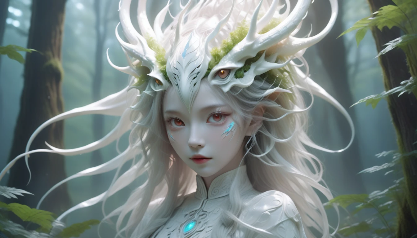 White dragon plant girl,(A girl made from fresh plants),forest,plant,Beautiful psychedelic psychedelic white complex,Cute face,Long Hair,8K,Extremely thin knot,Deer horn,