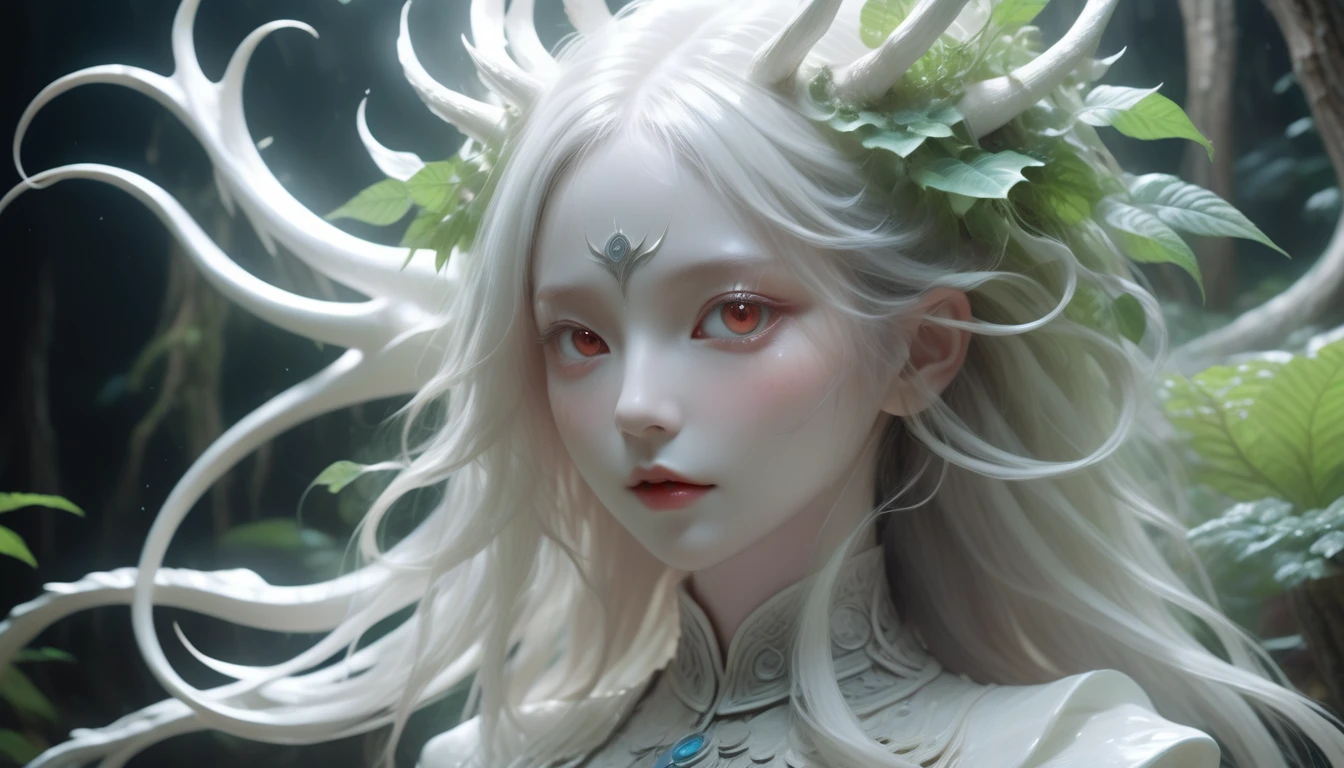 White dragon plant girl,(A girl made from fresh plants),forest,plant,Beautiful psychedelic psychedelic white complex,Cute face,Long Hair,8K,Extremely thin knot,Deer horn,