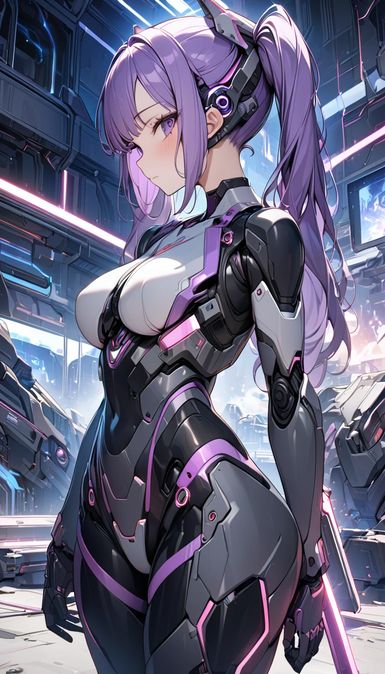 (((Best quality, 8k, Masterpiece: 1.3)), ((best quality)), ((masterpiece)), (detailed), perfect face, Female android, artificial intelligence, robot, metal frame, cyberspace, science fiction, laser gun, mechanical body, purple hair, sidelocks, twintails, from side, helmet with decorations, cowboy shot,