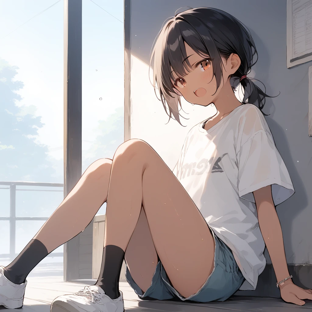 score_9, score_8_up, score_7_up, source_anime, best quality, masterpiece, official art, absurdres, highres, ultra-detailed,waifu2x,Collection: Slice of Life,break,1girl, tomboy, dark-skinned female, short hair, low ponytail, flat chest, beautiful detailed eyes, short shorts, sweat, open mouth, (yawn:0.3), sleepily, outdoors, wind,break,(clear line illustration:1.2), super detailed skin,very high resolution, very aesthetic, Best sexual lighting powered by famous artist, 8k,cute picture,beauty illustration,photoshop_(medium),,(Detailed Lighting),best anime 8k konachan wallpaper, pixiv contest winner,