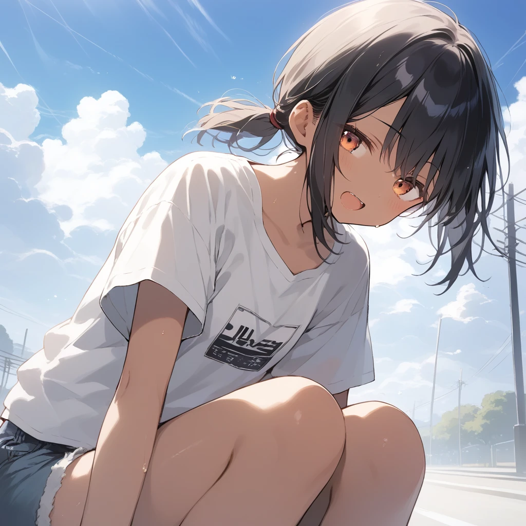 score_9, score_8_up, score_7_up, source_anime, best quality, masterpiece, official art, absurdres, highres, ultra-detailed,waifu2x,Collection: Slice of Life,break,1girl, tomboy, dark-skinned female, short hair, low ponytail, flat chest, beautiful detailed eyes, short shorts, sweat, open mouth, (yawn:0.3), sleepily, outdoors, wind,break,(clear line illustration:1.2), super detailed skin,very high resolution, very aesthetic, Best sexual lighting powered by famous artist, 8k,cute picture,beauty illustration,photoshop_(medium),,(Detailed Lighting),best anime 8k konachan wallpaper, pixiv contest winner, 