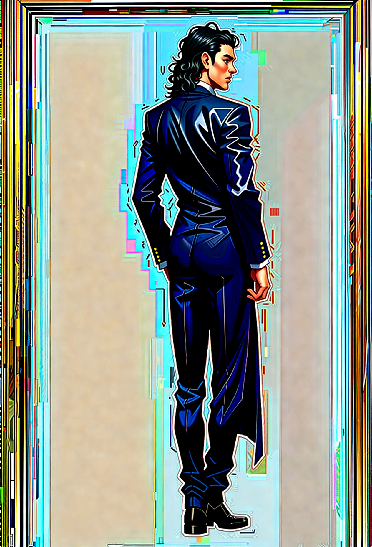 plain background, ((full-length character standing with his back to the frame)),solo, full body, 1man in black formal suit, shoulder-length curly hair