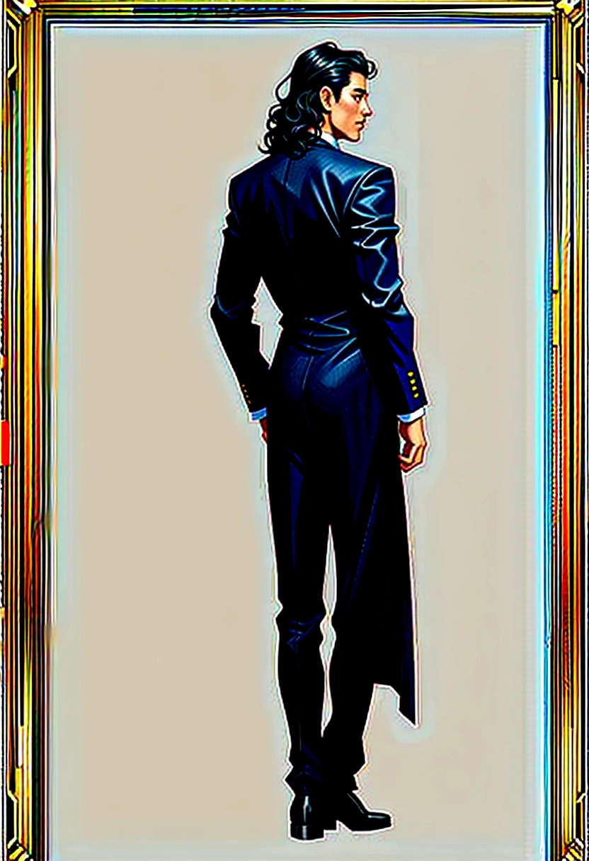 plain background, ((full-length character standing with his back to the frame)),solo, full body, 1man in black formal suit, shoulder-length curly hair