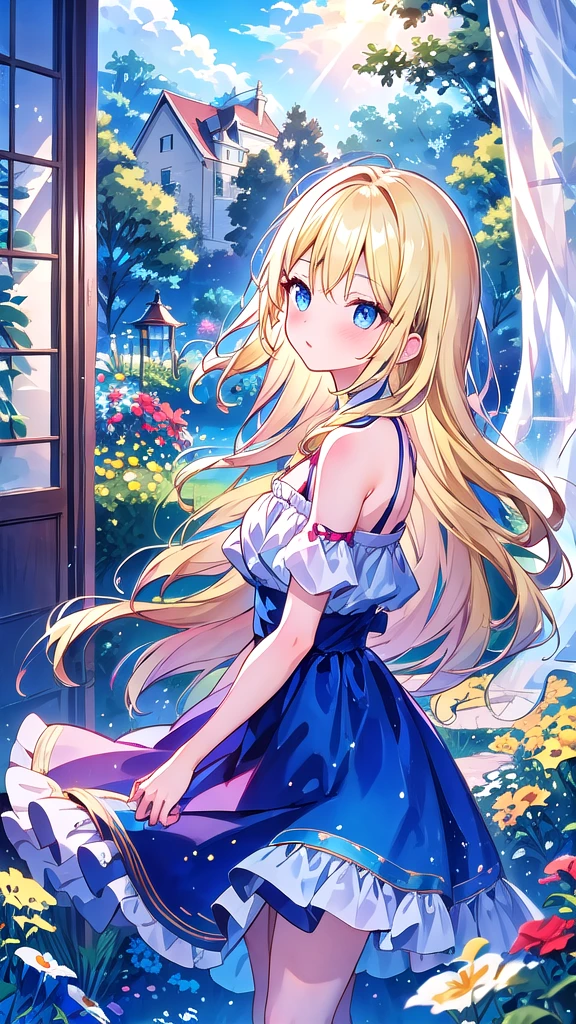 pretty girl, Open shoulder, Lace skirt, Blonde, From the side, Long Hair, look up, Disheveled Hair, window, curtain, sunlight, Shiny Hair, blue eyes, Curie, garden, Are standing