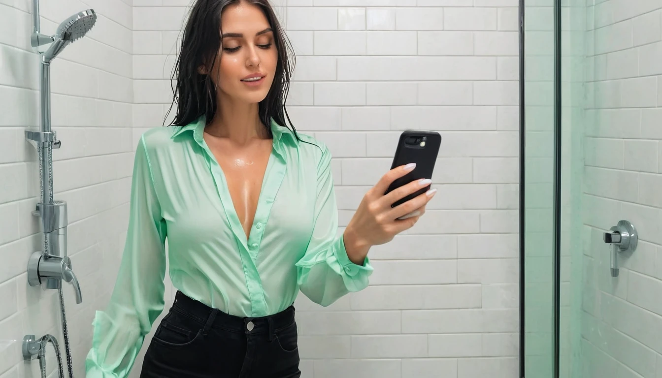 ((Woman taking a shower wearing a very tight mint green low cut work blouse, black skinny jeans and white high heels.)), (((Takes a selfie with your phone))), (((wet hair))), dripping wet, Wet clothes, ((I&#39;m standing in the shower)), (((show shoes))), inviting smile, water flows through clothes, ((NFV)), nipples visible through wet blouse, showing cleavage, ((short curly red hair)), Blue eyes