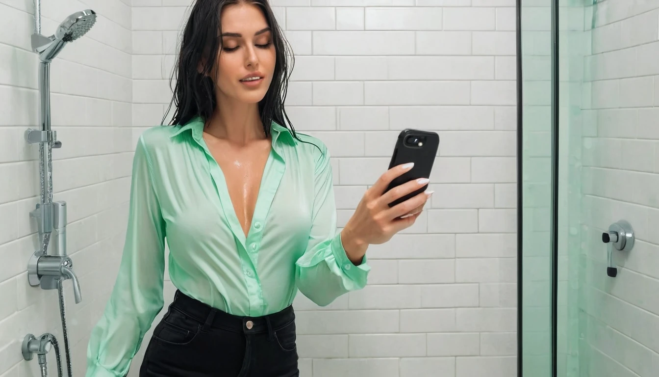 ((Woman taking a shower wearing a very tight mint green low cut work blouse, black skinny jeans and white high heels.)), (((Takes a selfie with your phone))), (((wet hair))), dripping wet, Wet clothes, ((I'm standing in the shower)), (((show shoes))), inviting smile, water flows through clothes, ((NFV)), nipples visible through wet blouse, showing cleavage, ((short curly red hair)), Blue eyes