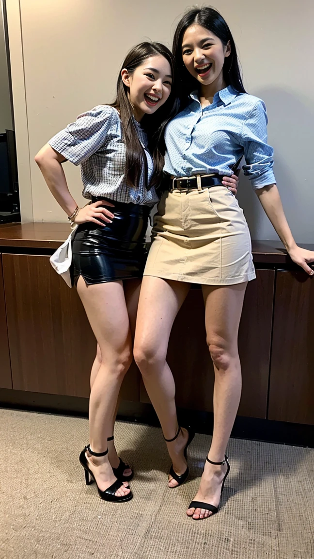 (Highest quality, masterpiece, Photo Real, Super detailed, Ultra-high resolution, born:1.3), (Two girls laughing at the camera), beautiful, Japanese, 20-year-old, (mini skirt), (Looking at the camera and laughing with his mouth wide open), high waist, office, (Long legs, High heels, whole body:1.2),(Top view:1.2)
