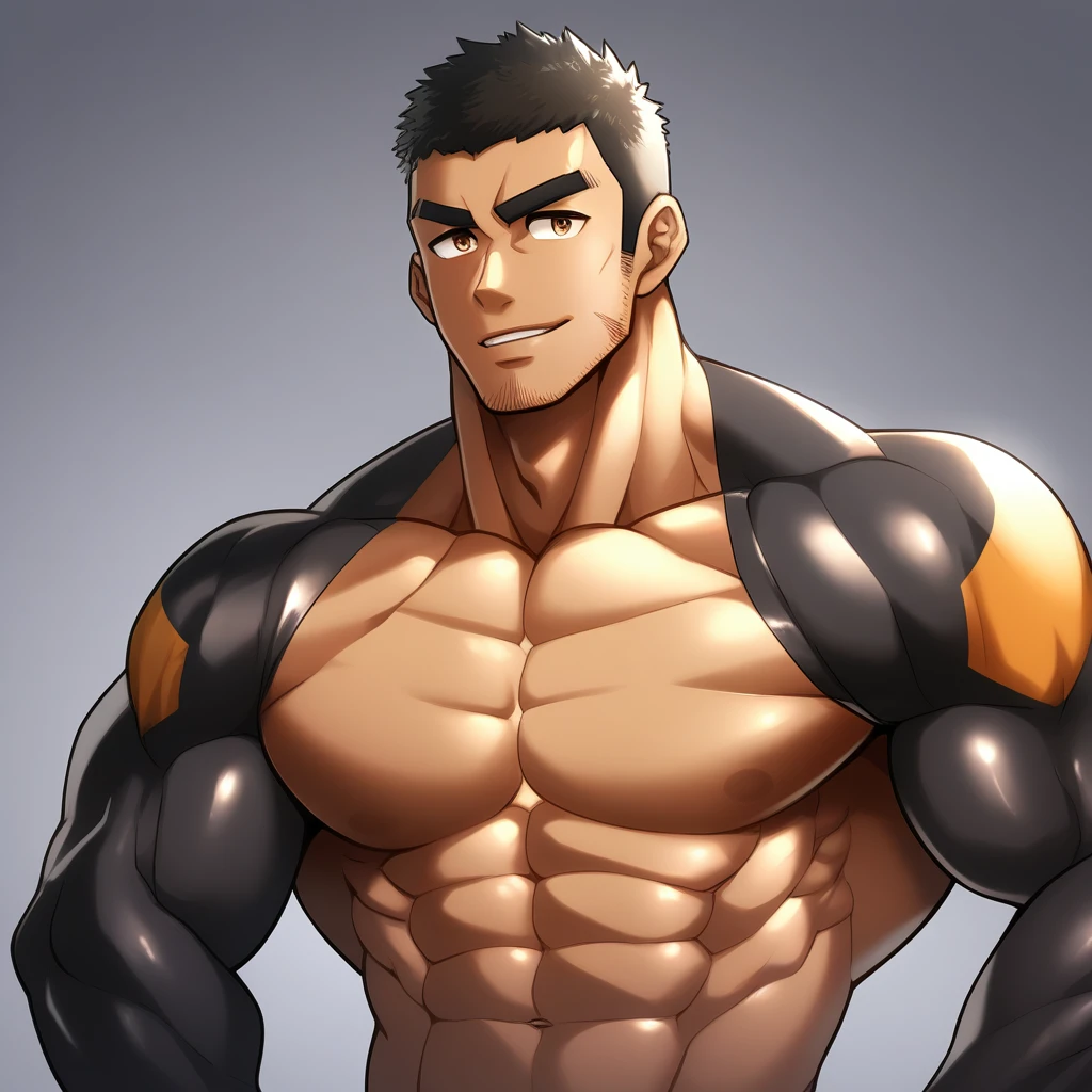 anime characters:Gyee, Muscle Sports Student, negro black skin, 1 dark skin muscular tough guy, Manliness, male focus, Brown long-sleeved high-necked tight diving suit, Very tight, Round, full and perky chest muscles, Perfect abdominal muscles, Male dog waist, Slightly transparent, muscular male, muscular, only, Upper body, alone, Black short hair, Thick eyebrows, stubble, Brown eyes, Grey background, simple background, amazing quality, best aesthetics, Ridiculous, bright pupils, crew cut, parted lips, seductive smile, torogao, naughty face, best quality
