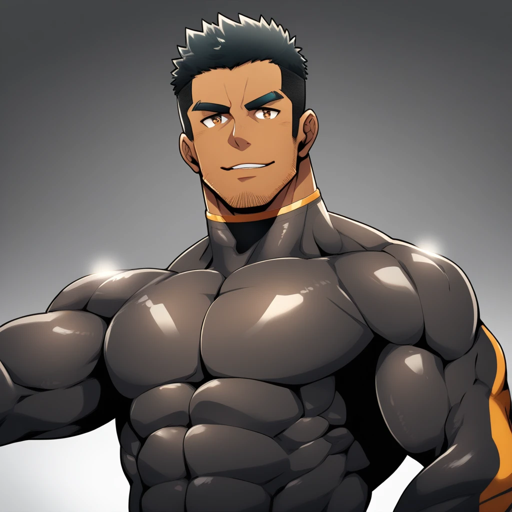 anime characters：Gyee, Muscle Sports Student, negro black skin, 1 dark skin muscular tough guy, Manliness, male focus, Brown long-sleeved high-necked tight diving suit, Very tight, Round, full and perky chest muscles, Perfect abdominal muscles, Male dog waist, Slightly transparent, muscular male, muscular, only, Upper body, alone, Black short hair, Thick eyebrows, stubble, Brown eyes, Grey background, simple background, amazing quality, best aesthetics, Ridiculous, bright pupils, crew cut, parted lips, seductive smile, torogao, naughty face, best quality