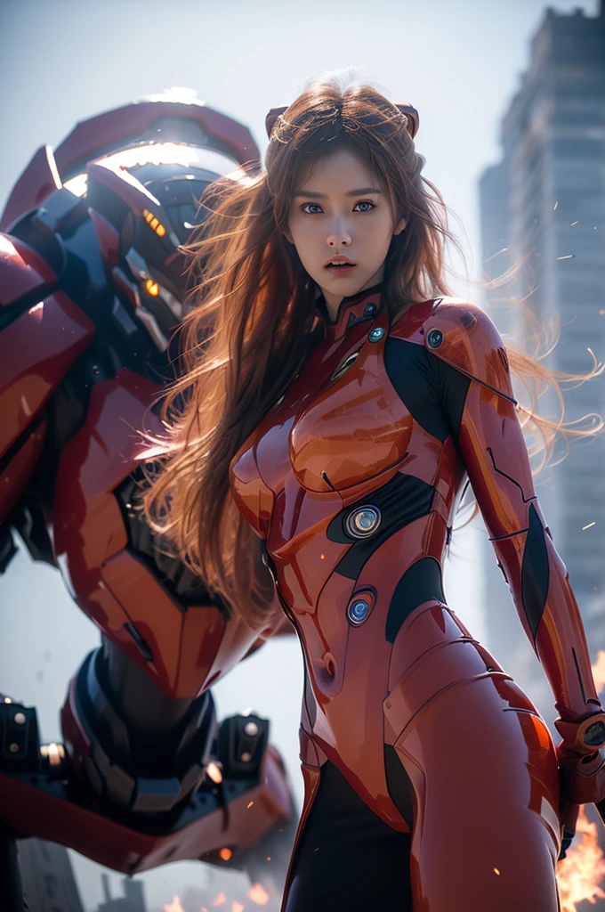 (best quality, masterpiece:1.4), (realism:1.2), (Realism:1.2), (absurd:1.2), (realistic:1.3), 1 woman,realistic skin,alone,( very big eyes,beautiful detailed eyes, symmetrical eyes),cowboy shot, (dramatic, gritty, extreme:1.4), Asuka Langley Soryu,HDR,DTM, Full haha, In mecha anime style, A long dancing sword charging towards the battlefield like a god., a meteor exploded, Fierce fight for life, dynamic pose, Amazing colors, surrealism, cinematic lighting effects, realism, 00 renderer, very realistic,  super view, super wide angle,