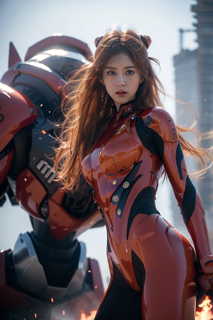 (best quality, masterpiece:1.4), (realism:1.2), (Realism:1.2), (absurd:1.2), (realistic:1.3), 1 woman,realistic skin,alone,( very big eyes,beautiful detailed eyes, symmetrical eyes),cowboy shot, (dramatic, gritty, extreme:1.4), Asuka Langley Soryu,HDR,DTM, Full haha, In mecha anime style, A long dancing sword charging towards the battlefield like a god., a meteor exploded, Fierce fight for life, dynamic pose, Amazing colors, surrealism, cinematic lighting effects, realism, 00 renderer, very realistic,  super view, super wide angle,