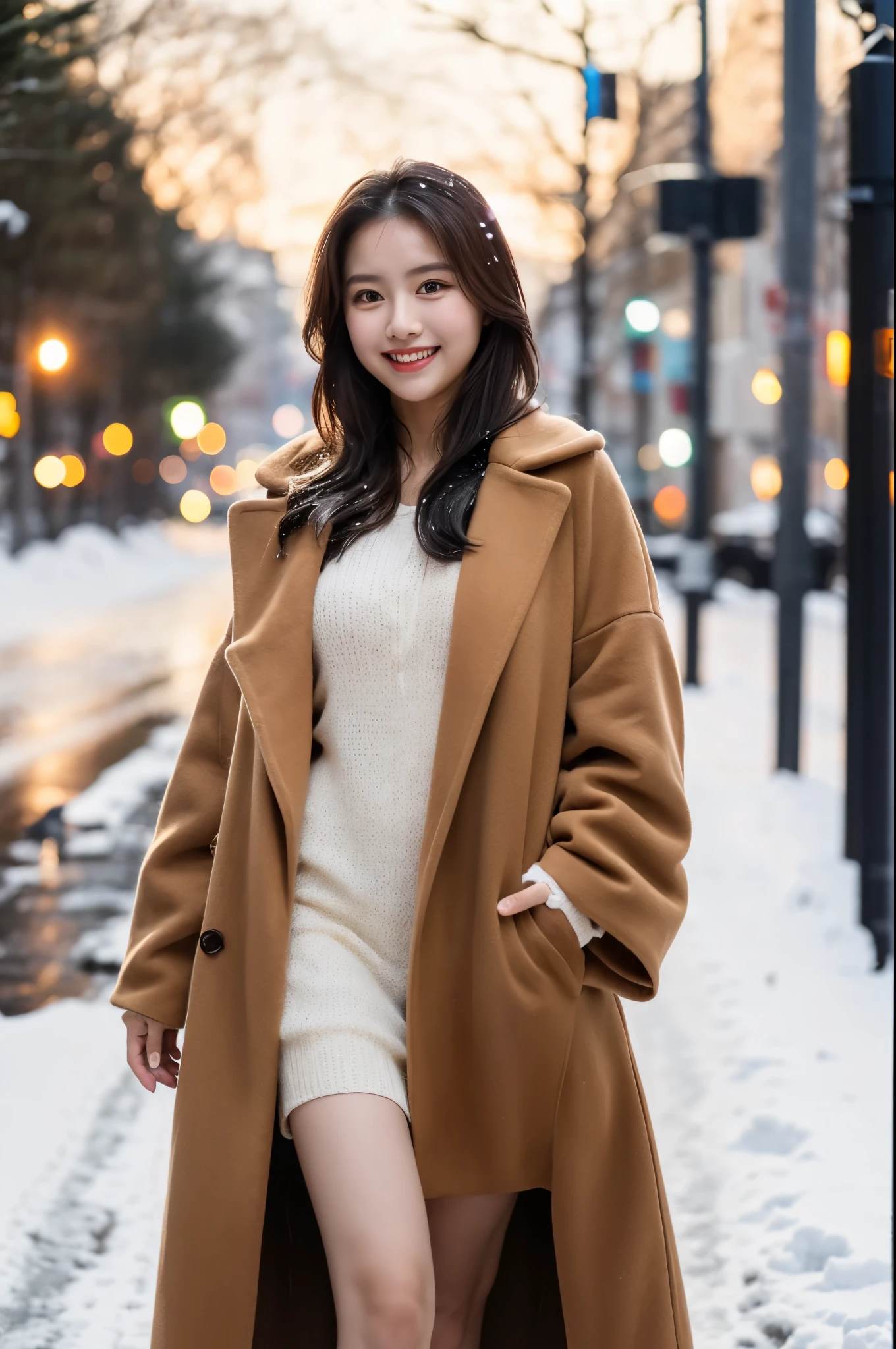 ulzzang-6500-v1.1, (RAW Photos:1.2), (Photorealistic), Beautiful detailed girl, (Genuine: 1.4), Very detailed目と顔, Beautiful and fine details, ((walk on a snow-covered road:1.3)), ((elegant long coat:1.3))、Selfie、Instagram、 Huge file sizes, High resolution, Very detailed, Highest quality, [masterpiece:1.6], Awareness-raising, Very detailed, Hmph, In detail, Highest quality, 8k wallpaper, Cinema Lighting, One Girl, 17 years old, Perfect figure, Cute droopy eyes、Beautiful big eyes、 ((masterpiece)), Highest quality, One Girl, eye shadow,  Portraiture, ((Full Body Shot:1.14))、(A very loving smile:1.2)、Realistic skin texture、Glowing Skin、Exposed thighs!!!