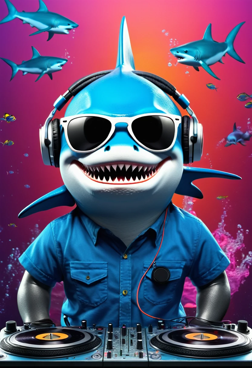 shark DJ with headphones and sunglasses, playing music, Background with fish