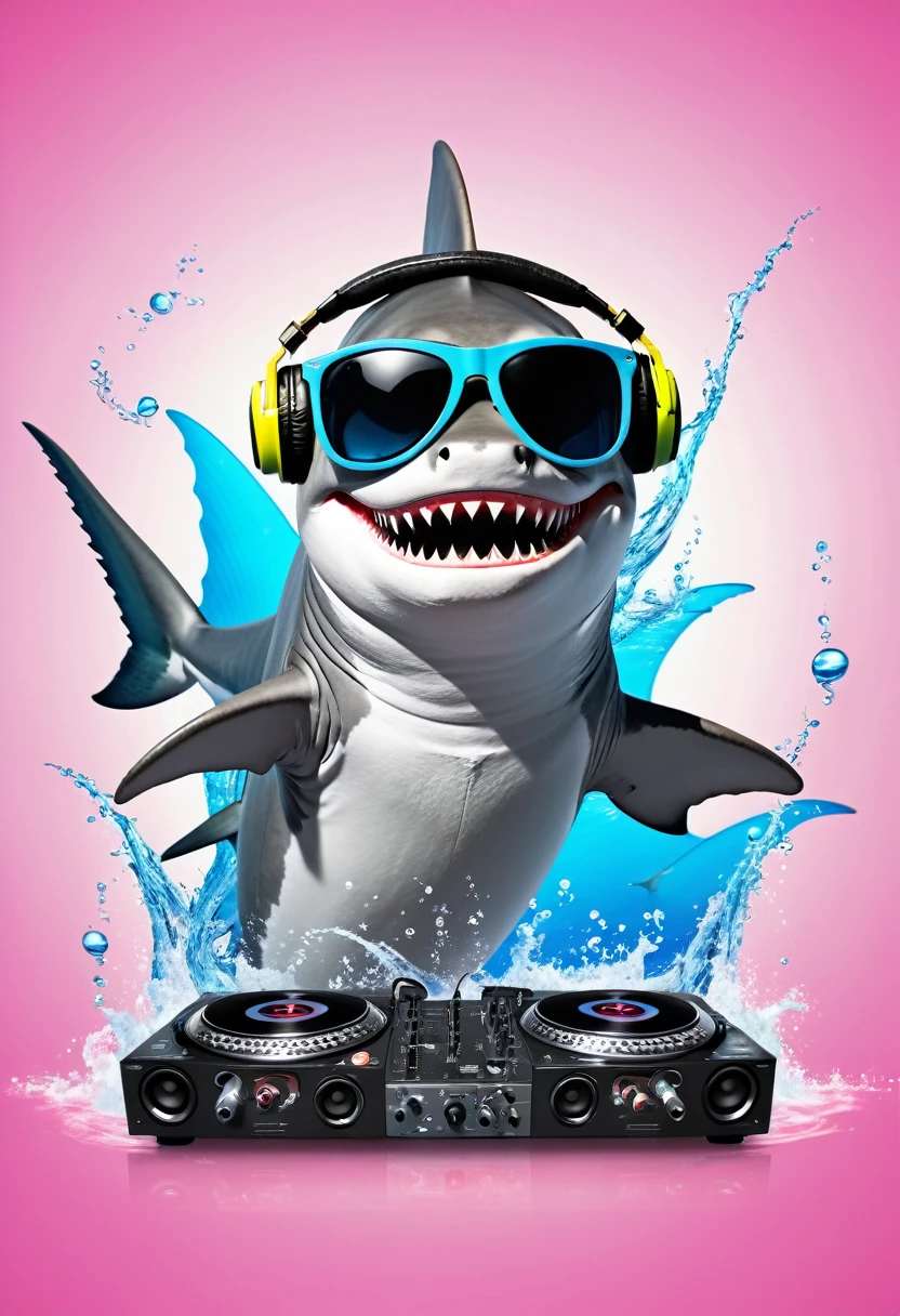  shark DJ with headphones and sunglasses, playing music, Background with fish