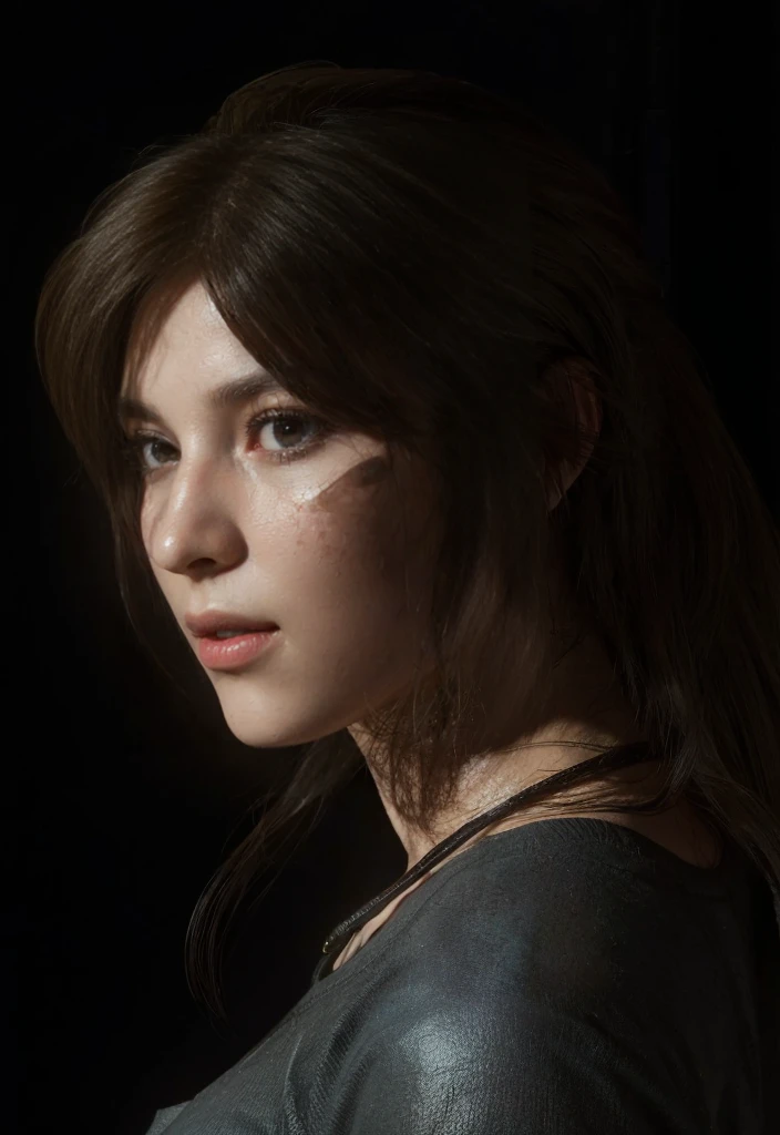 Lara Croft, brown eyes, (best quality, ultra-detailed), (realistic:1.37), beautiful and detailed face, ultra-realistic texture, delicate face, delicate body, red lipstick, bright colors. high definition, 8K, serious expression