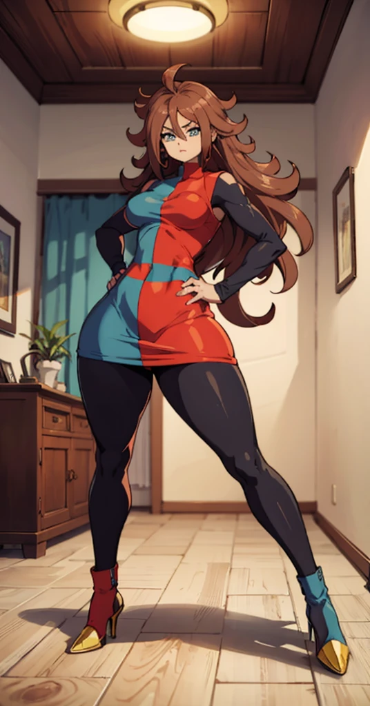 android 21, pose lateral, She is sideways to the spectator, sideways to camera, long brown hair, blue colored eyes, plaid dress, pantyhose, looking to the side, pose lateral, standing, ele está standing, serious, livingroom, light bulb, high qualiy, work of art, legs thick, big-ass, body healed,