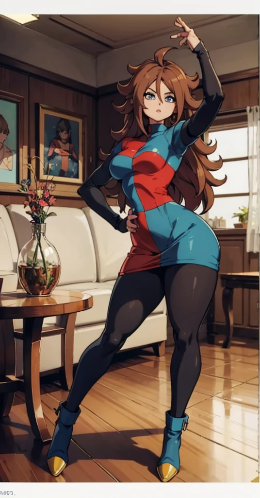 android 21, pose lateral, She is sideways to the spectator, sideways to camera, long brown hair, blue colored eyes, plaid dress, pantyhose, looking to the side, pose lateral, standing, ele está standing, serious, livingroom, light bulb, high qualiy, work of art, legs thick, big-ass, body healed,