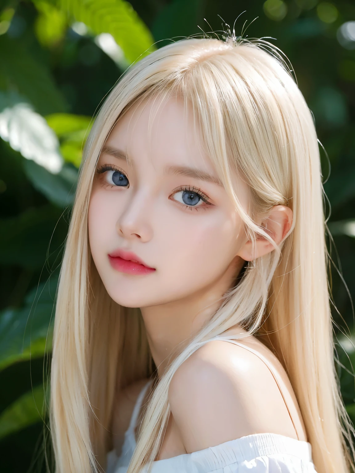1 girl, Age 19, alone, super long straight hair, giant , bright expression、looking at viewer, ((Bright, silky platinum blonde hair with a golden shine))、Very beautiful eyes and disheveled bangs between the nose and eyes、white-skinned、beautiful skin、shiny skin、gloss face、teak gloss、small face beauty、bare shoulders, jewel-like, whole body, (Highly detailed 8K wallpapers), soft lighting, high quality, film grain, Fujifilm XT3 Sharp Focus, f 5.6, high detail, sharp focus,(natural light), (big plans:1.2), (fascinating), off shoulder t-shirt, realistic, sexy、She has beautiful, big, bright, pale blue eyes.、eyeliner、young face、with a round face、