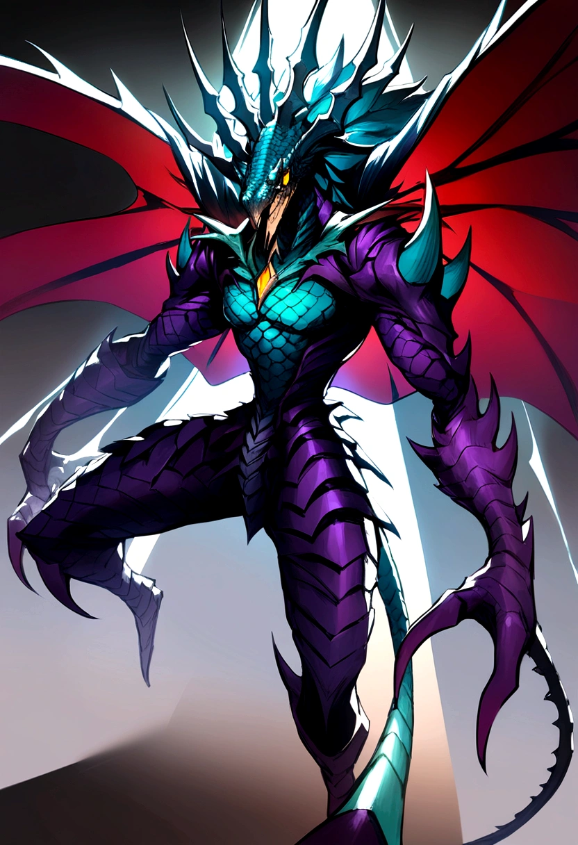 evil anthropomorphic lizard dragon king with turquoise scale, yellow eyes, long white dress, red cape, purple boots and malicious grin, no background