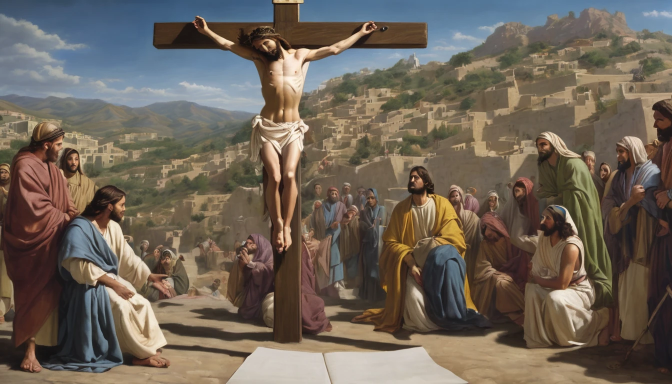 It depicts the scene of Jesus crucified as written in the book of John, chapter 19, verse 28 to 37, foto realista.